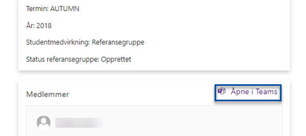 Image shows the "Åpne i Teams" (open in teams) button, hightlighted in blue just above the "medlemmer" (members) section of the creation menu.
